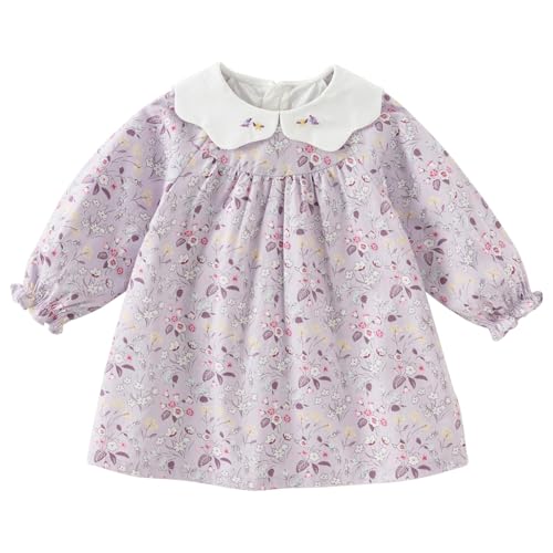 DAVE & BELLA Baby Girl Dress Long Sleeve Floral Toddler Girls Smocked Sundress Cotton Playwear Vintage Princess Dress
