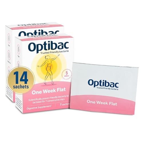 Optibac Probiotics One Week Flat - Vegan Digestive Probiotic Supplement Suitable for Bloating with 5 Billion Bacterial Cultures - 2 Week Supply, 14 Sachets