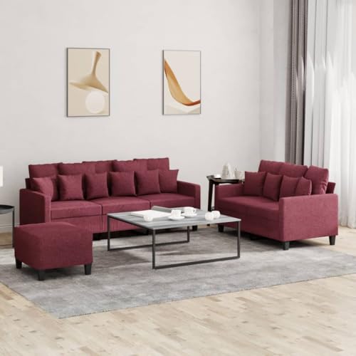 vidaXL Sofagarnitur 3-TLG., Sessel Couch mit Kissen Fußhocker, Sofa Wohnzimmersofa mit Armlehnen, Couchgarnitur Designsofa Sitzmöbel Polstermöbel, Weinrot Stoff – Bild 3