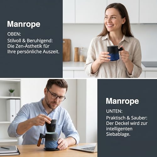 Miniatura 4 de Zenoza Taza Infusiones Con Tapa Y Filtro Tazas De Té 500ml Grande Cerámica Artesanal Con Asa De Madera Regalo Para Los Amantes Del Té, Azul Elegante