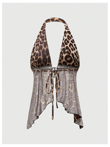 Milumia Women's Leopard Print Backless Halter Top Y2k Punk Ruffle Hem Tank Tops2