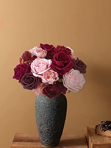 Roses Artificial Flowers Burgundy Silk Dahlia Bulk For Diy Wedding Bouquets Bridal Shower Decorations Fake Floral Arrangements Faux Flower Centerpieces For Table Home Decor Indoor Red Mauve Box 23Pcs #TOP6