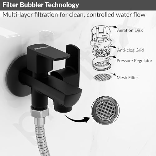 Image of Plantex Two Way Tap for Washing Machine /Quarter Turn 2 in 1 Bib Cock /Wash Basin tap with Teflon Tape and Wall Flange /2 Way Bathroom Tap with Brass Spindle -(Saga-Black)