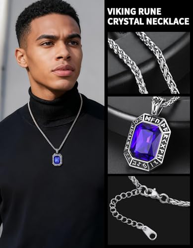 Image of ChainsHouse Viking Rune Pendant Necklace for Men Women, Punk Biker Black Metal /316L Stainless Steel Onyx Norse Vintage Amulet Necklaces with Black /Red /Green /Blue Gemstone, Send Gift Box