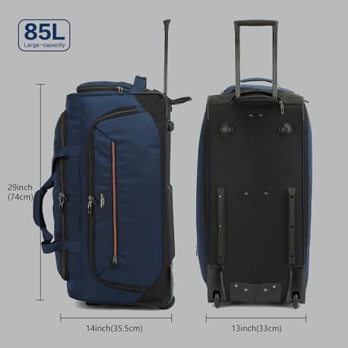 Image of Large Rolling Duffle Bag with Wheels and Handle 85L 29 inch Travel Duffel Bag for Men Women with Shoe Compartment & Wet Pocket, 2 Wheeled Checked Luggage for Business Travel Long Trips, Blue