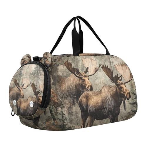 Glaphy Moose Animal Forest Duffle Bag for Toddler Boys Girls, Gym Sports Bag with Shoe Compartments, Kids Travel Overnight Weekender Shoulder Bag