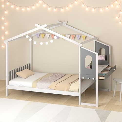 COSTWAY Letto Matrimoniale/Singolo con Scrivania, Letto Piattaforma in Legno con Testiera a Staccionata Ganci e Cassetti, 200x140/200x90 cm, Carico 320/150kg (200x140 cm)