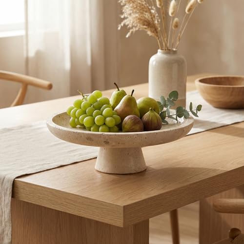 Natural Travertine Decorative Bowl - 10" Small Oval Pedestal Catchall Tray - Handcrafted Beige Footed Stone Centerpiece for Entryway, Coffee Table, or Kitchen (Japandi Style)