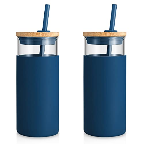 Tronco 20 oz Glass Tumbler with Lid and Straw, Iced Coffee Cup and Smoothie Cup with Bamboo Lids & Protective Silicone Sleeve, Dishwasher Safe, BPA-Free, Glass Cup 1 Pack Blue Horizon 20 Oun