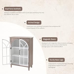 Farmhouse Metal Storage Cabinet with 2 Glass Doors Accent Buffet Sideboard Cabinet with Magnetic Doors for Living Room Bedroom Entryway Curved Pattern Arched Two Shelves Grey White