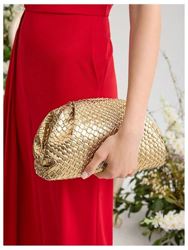 Image of QWINEE Women's Woven Evening Bag Dumpling Clutch Purse No Strap Handbags Elegant Faux PU Leather Clutch Bag