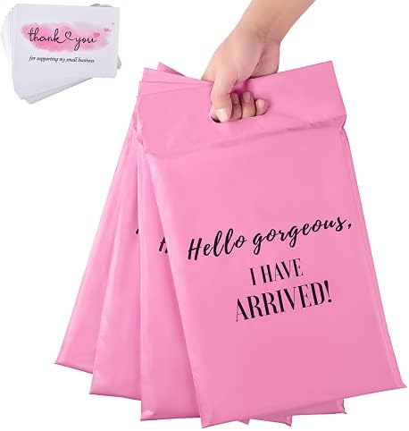 50Pcs Poly Mailers with 50Pcs Thank You Cards, Cute Mailing & Shipping Bags 10x13 Inch with Build-in Handle 3Mil Extra Thick Self Adhesive Packaging Bags for Small Business, Boutique- Pink