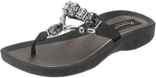 Grandco Women's 25542E Expression Beaded Waterproof Molded Sole Beach Thong Sandals Platform, Black, 8