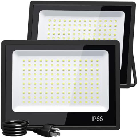 XXBSAZ 2 Pack 100W LED Flood Lights Outdoor, 12500LM Plug-in Hardwire Work Light IP66 Waterproof - 6500K Daylight Bright for Yard, Garage, Stadium