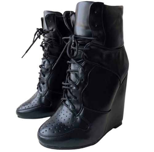 Frankie Hsu Wedge Sport Basketball High Heeled Ankle Boots, Casual Black Classic Sneaker Bootie, Big Size Fashion Designer Shoes For Women Men