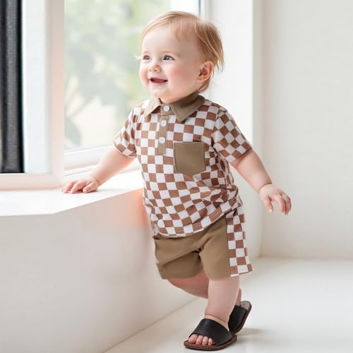 Karuedoo Toddler Baby Boy Summer Outfits Checkered Button Down Short Sleeve Pocket Collared Shirt and Shorts 2Pcs Clothes Set3