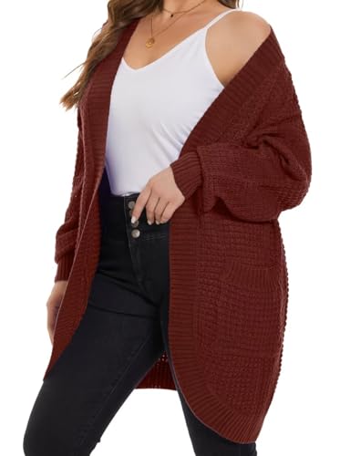 Image of MONNURO Womens Plus Size Open Front Cardigan Waffle Knit Long Sleeve Sweaters Tops Fall Coat Outerwear with Pockets