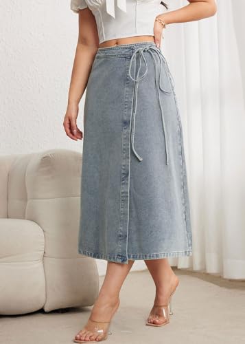 CHARTOU Women High Waist Tie Side Denim Wrap Skirt Long Asymmetrical A Line Jean Skirt with Slit3