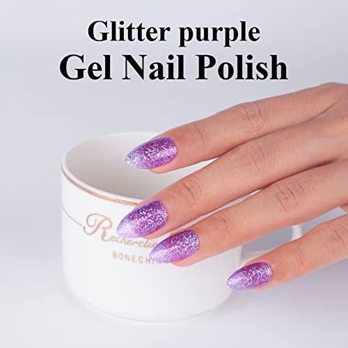 Imtiti Glitter Purple Gel Nail Polish, Sparkly Lavender Purple 3 In 1 One Step Gel Polish Color Soak Off Uv Led Nail Gel Polish Nail Art Starter Manicure Salon Halloween Christmas Gift, 0.5 Fl Oz #TOP2