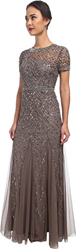 Image of Adrianna Papell Womens Short-Sleeve Grid Beaded Gown