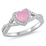 Pink Simulated Opal Halo Heart Promise Ring .925 Sterling Silver Knot Band Size 6