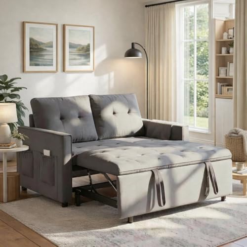 Trygoal Sofa Bed, Pull Out Couch with Side Pockets, 3 in 1 Velvet Fabric Loveseat Sleeper Sofa Bed, Pull Out Couch with Adjustable Backrest for Living Room, Bedroom, Apartment, Gray, 53 Inch by Trygoal - Used condition - US$223.48