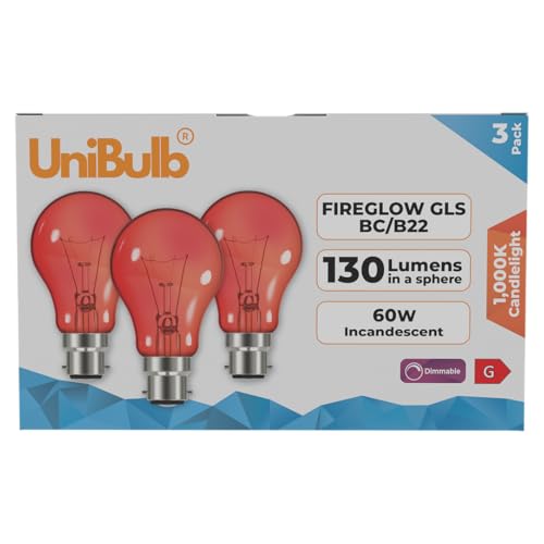 Unibulb Fireglow Red Light Bulbs, 60W, GLS BC B22 Bayonet, 1000K Candlelight, Dimmable, Pack of 3