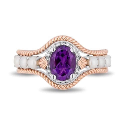 Jewelili Enchanted Disney Fine Jewelry 14K Rose Gold Over Sterling Silver with 1/20 CTTW Diamonds and Amethyst and Fresh Water Pearl Little Mermaid 35th Anniversary Ariel Ring Size 82