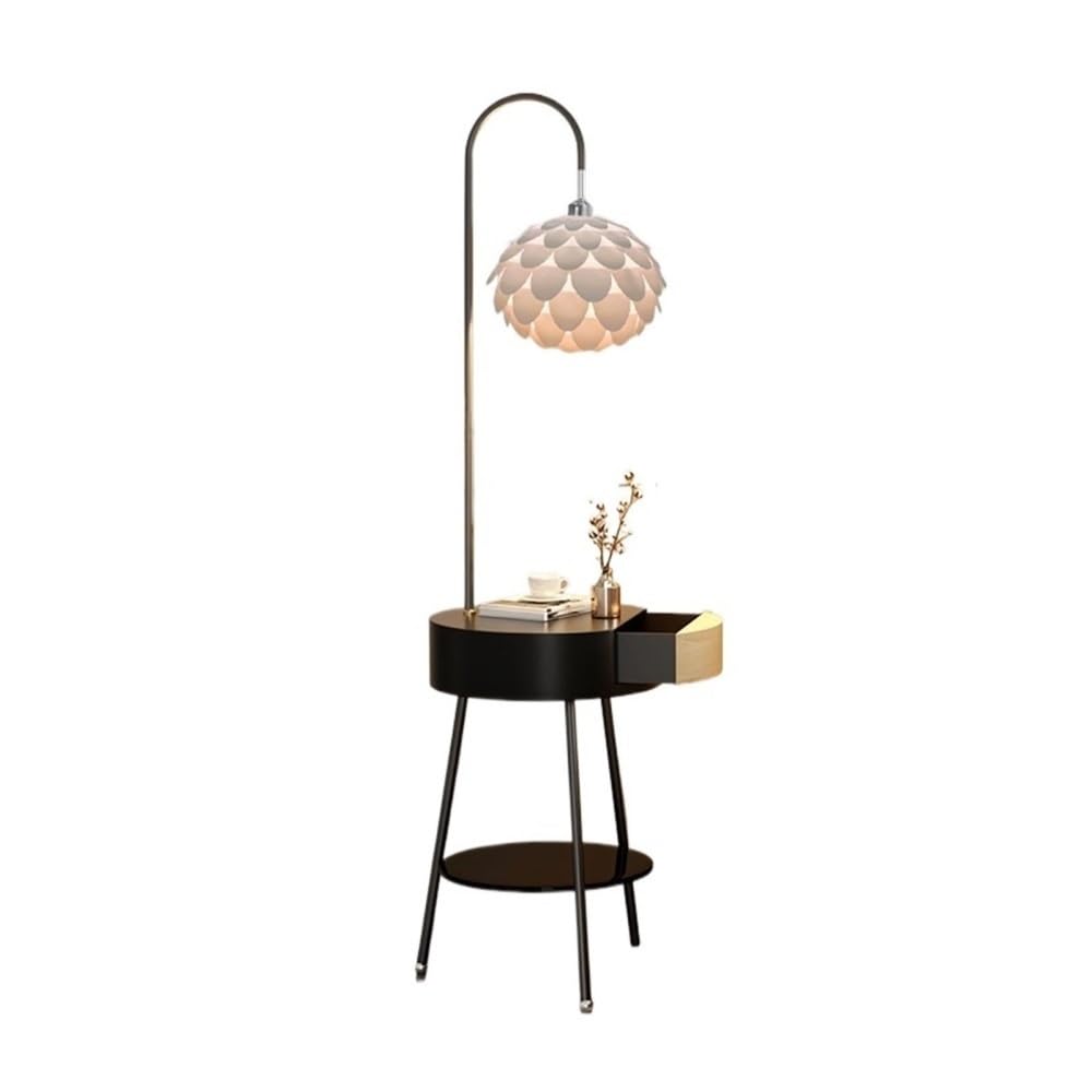 Jian1004 Floor Lamp, Mid-Century Modern Floor Lamp with Side Table & USB Charging, 2 Drawers(Black)