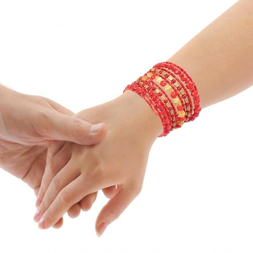 Image of Touchstone Indian Colorful Bead Bracelet Bollywood Beaten Metal Beads Openable Broad Cuff Bracelet in Gold or White Tone for Women.