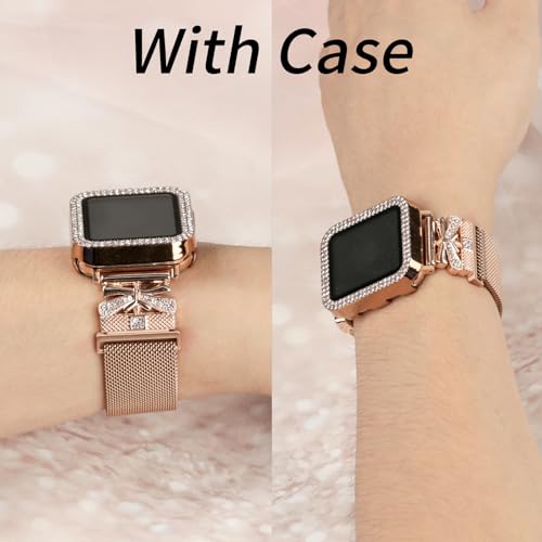 Magnetic Band for Women Compatible with Apple Watch Band 38mm 40mm 41mm 42mm 44mm 45mm 46mm Milanese Stainless Steel Loop with Bling Protective Case, Dressy Metal Strap Replacement iWatch Band