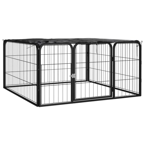 QUAHEAS 4- TLG. Hundelaufstall aus pulverbeschichtetem Stahl mit Dach 100×50 cm, Faltbarer Hundezwinger mit Tür, wetterfestes Freigehege für Welpen, Outdoor und Indoor Nutzung