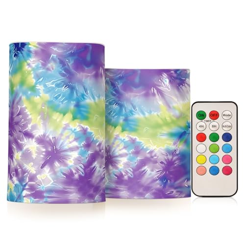 ALAZA Purple Blue Yellow Tie Dye Flickering Flameless Candles Battery Operated with Remote Timer,Tea Light Candles LED Pillar Votive Candles set of 2 for Outdoor Indoor Decorations