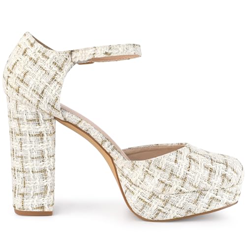Allegra K Allegra K Women's Round Toe Platform Tweed White Gold Chunky Heels Pumps 7 M US
