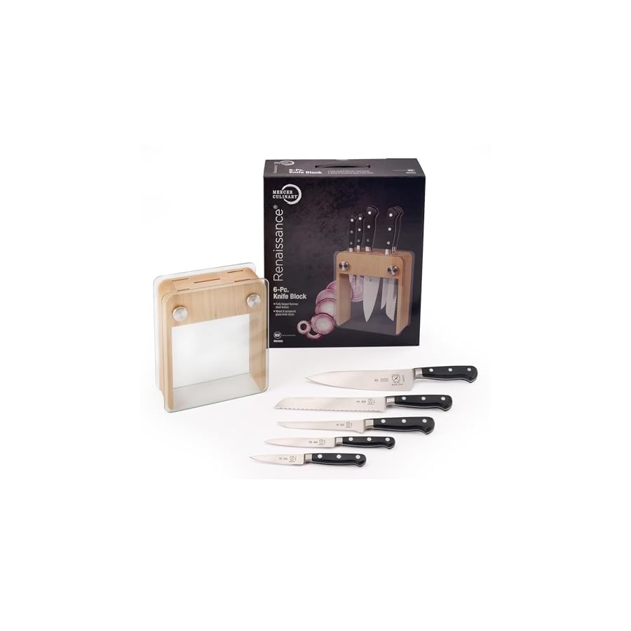 Mercer Culinary - M23505 Renaissance Forged Knife Block Set, 6-Piece, Wood Block with Tempered Glass