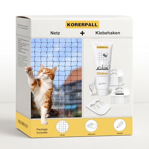 KORERPALL Katzennetz für Balkon+klebehaken oder Schraubhaken, Fenster katzenschutznetz mit hochfestem Nylon, balkonnetz für Katzen katzennetz ohne Bohren, katzennetz für Balkon (4x3m,Netz+Klebehaken)