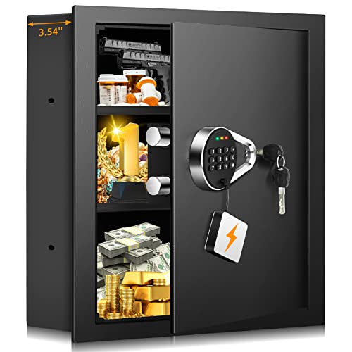 17.72" Tall Fireproof Wall Safes Between the Stud 16" Centers, Digital Hidden Wall Safe With False Bottom, Removable Shelf and Combianation Lock, Fireproof In Wall Safe for Firearms Money Guns Valuables