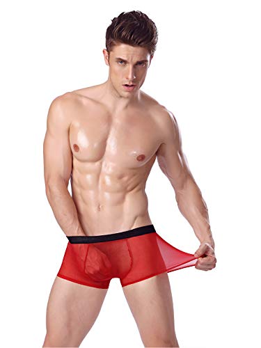 Evankin Men's Sexy Mesh Boxer Briefs Transparent Lingerie Sexy Red Groom Boxer Briefs Mesh Transparent Bulge Pouch Underpants(45Red,Xxxl) #TOP1
