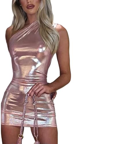 Juketron Mini Robe à Paillettes métalliques en PU pour Femmes, Rose argenté Scintillant, Manches de boîte de Nuit, Sexy enveloppée aux Hanches, Robe Courte de Bal de Cocktail