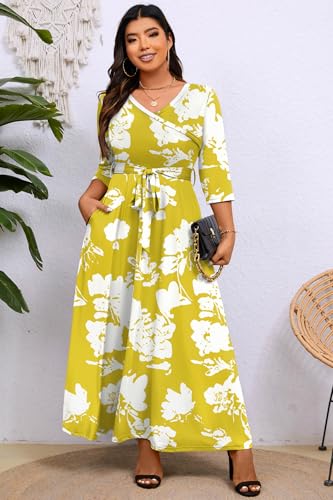 Image of Runwind Plus Size Dress for Women - 3 /4 Sleeve V Neck Maxi Dresses for Women (XL-6XL)