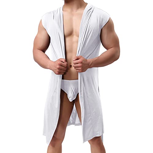 IQYU Black S Men's Solid Color Sexy Silky Hat Sleeveless Housewear Dressing Gown Men Terry Towelling Bathrobe With, White, L