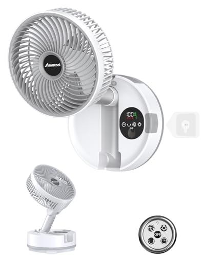 AMACOOL 8'' Non-Drilling Wall Mount Fan with Remote, 10000mAh Rechargeable, Quiet 9 Speeds, 90° Oscillation & Tilt, Smart LED Display with Timer, Portable Fan for Bathroom Bedroom RV Kitchen (White)