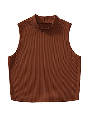 Verdusa Women s Basic Sleeveless Mock Neck Rib Knit Tank Crop Top Rust Brown S