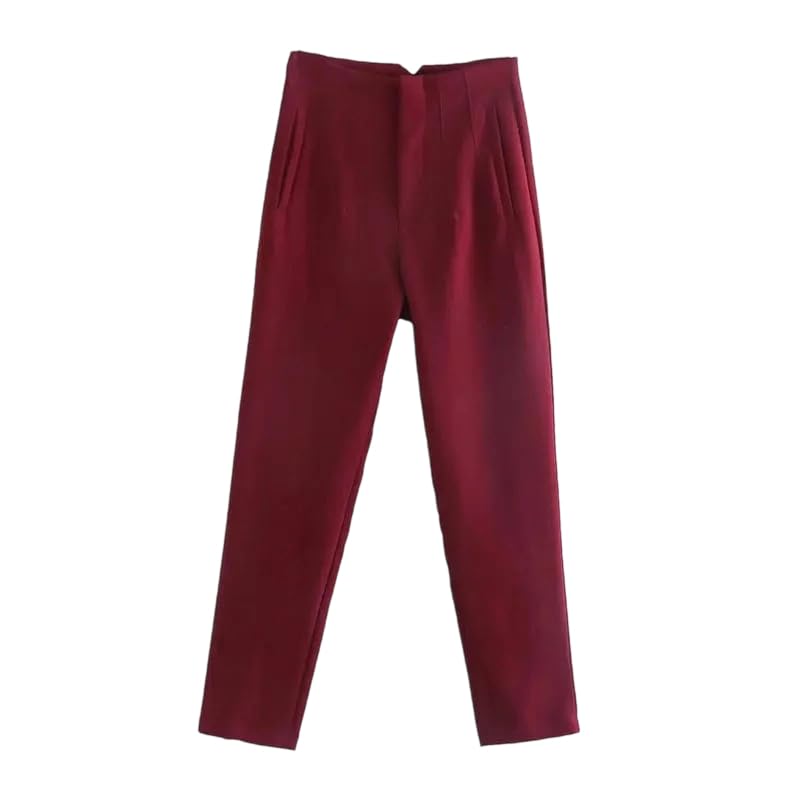 Woman Solid Trouser High Waist Slim Zipper Fly Long Pants Commute Office Lady Woman Pencil Pant WineRed XX-Large