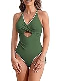AI'MAGE Women One Piece Swimsuit 2025 Tummy Control Cutout Bathing Suit Wrap Tie Back Swimwear Shell Stitched Army Green M
