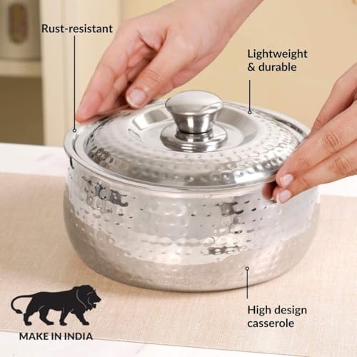Image of Nestasia Stainless Steel Insulated Casserole with Lid (3000 ml) - 100% Food Safe Hammered Roti Server with Self Locking Lid - Retains Heat & Freshness | Rust Resistant & BPA - Free Chapati Casserole