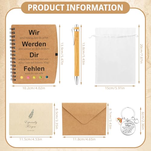 5 Stück Abschiedsgeschenk Kollegen, 5 in 1 Abschied Kollegin mit Notizbuch, Stift, Schlüsselanhänger, Umschlagkarte, Segen Abschied Kollegin für Ruhestand, Kollegen Geschenk für Männer und Frauen