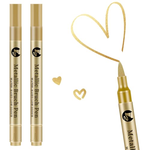 Aihoom 2pcs Stylos Peinture Acrylique Dorés pour Carte de Vœux et Dessin - Pointe Fine - Idéal pour Peinture sur Roche, Bois, Verre, Plastique, Tissu, Écriture Douce et Séchage Rapide(1-3mm)
