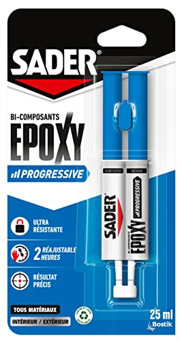 Sader Colle Epoxy Progressive – Colle Bi-Composants – Colle de Réparation Réajustable – Intérieur/Extérieur – Tous Matériaux – Spatule et Récipient pour Mixer Inclus –Seringue de 25 ml