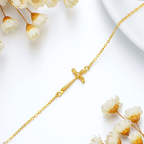 Sisgem 14K Real Gold Cross Bracelets For Women Girls,Yellow Gold Cross Bracelet Religious Faith Jewelry Gifts For Birthday Christmas 6.5+2 Inch (14K Gold-Yellow) #TOP5